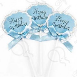 Топпер Happy Birthday (серебряный глиттер) Голубой с блестками 3 шт