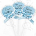 Топпер Happy Birthday (серебряный глиттер) Голубой с блестками 3 шт