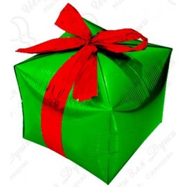 Фигурный шар - Куб, подарок с бантиком, зеленый.