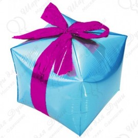 Фигурный шар - Куб, подарок с бантиком, голубой.