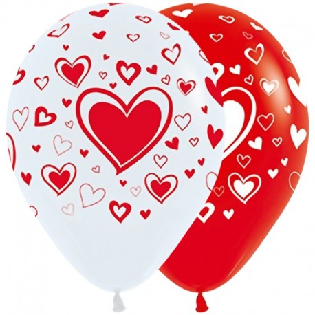 Купить Воздушный шар - множество сердец, бело-красный, 30 см.