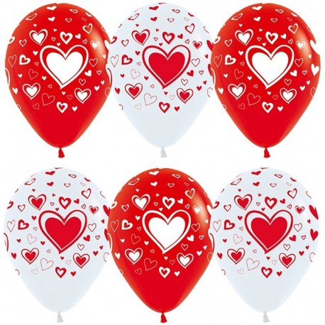 Воздушный шар множество сердец, бело-красный, 30 см.