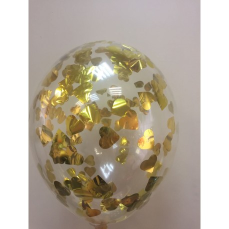 Воздушный шар 30 см с конфетти - сердца золото, 30 см.