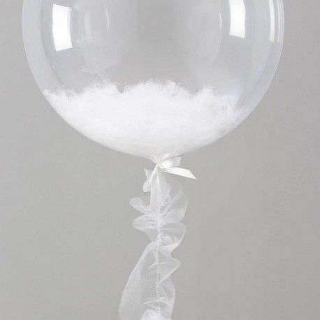 Шар Сфера 3D, Bubble с перьями белый, прозрачный, (18''/46 см).