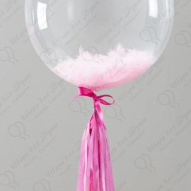 Шар Сфера 3D, Bubble с перьями нежно-розовый, прозрачный, (18''/46 см).