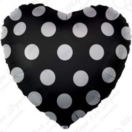 Фольгированное Сердце Белые точки Черный(46см)